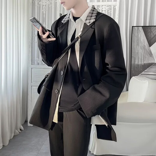 An Chuxia dk uniform men's casual suit a loose suit spring and autumn college style small blazer student class uniform trend brown suit + black trousers + white shirt + tie XL