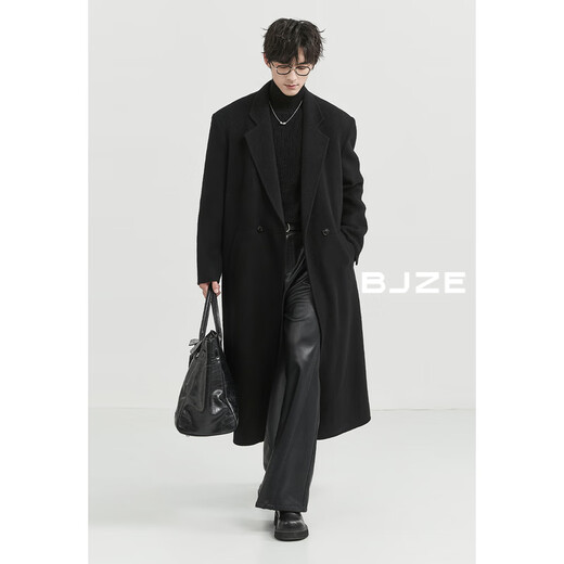 Earl Zoll shoulder pad design long over-knee full wool double-sided wool coat 100% men's autumn and winter commuting jacket P441879 pitch black S (165)