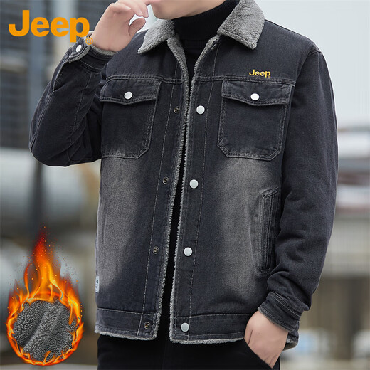 Jeep (JEEP) coat men's autumn and winter loose velvet warm denim jacket men's casual clothes men's black XL