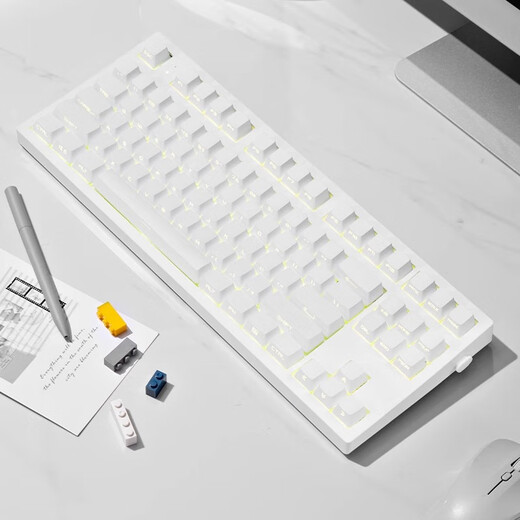 腹灵mk870pro黑莓侧刻机械键盘蓝牙有线无线客制化电脑游戏静音办公 【单模】白色面Pro+纯白侧刻 KTT酒红轴【麻将音】 87键