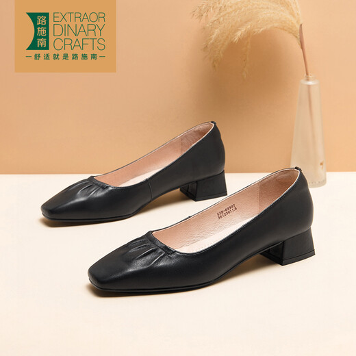 Lu shinan zapatos de trabajo negro para mujeres en primavera y otoño nuevo tacón grueso zapato de piel de oveja cómoda zapatilla de trabajo suave y suave zapatos de tacón de abuela retro tacón medio de 3.3 cm (699) 36