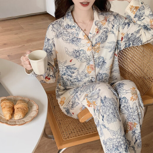 猫人秋季新款睡衣女长袖可外穿ins风甜美开衫家居服女国风春夏天 9227 山水画 M
