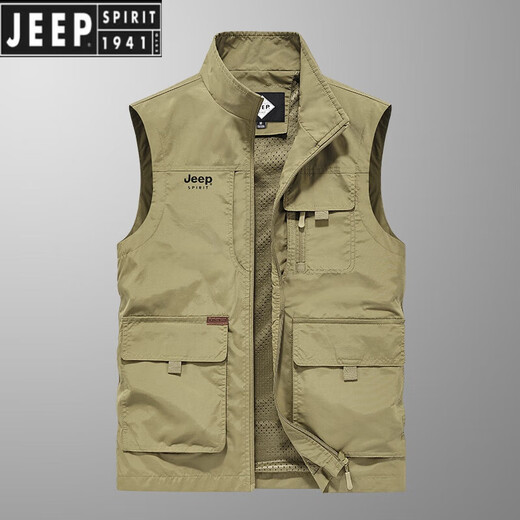 JEEP SPIRIT吉普马甲男春夏新款中年宽松大码户外速干透气多口袋定制钓鱼外套 卡其色 XL