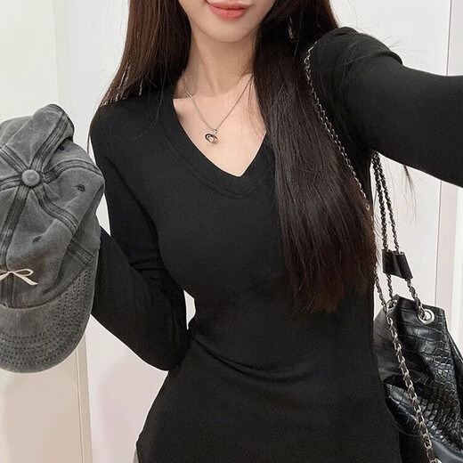 Yiyi long-sleeved T-shirt for women with v-neck bottoming shirt can be worn outside 2026 new spring hot girl slim top black and white right shoulder right shoulder V-neck long-sleeved T-shirt black M recommended 85-105Jin Jin is equal to 0.5 kg