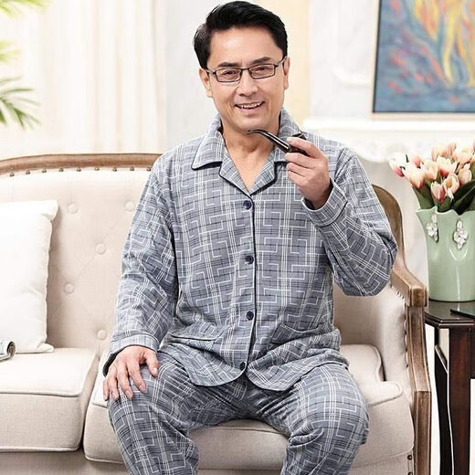 俏丽雅（qiaoliya）纯棉睡衣男士春秋季长袖全棉大码肥佬青年家居服男式套装 838 L