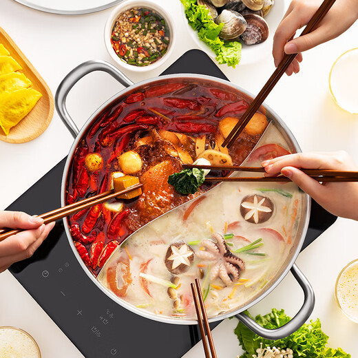 SUPOR hot pot Yuanyang hot pot 304 stainless steel household soup-shabu pot large capacity pot double bottom induction cooker gas universal Yuanyang hot pot 6.5L 30cm