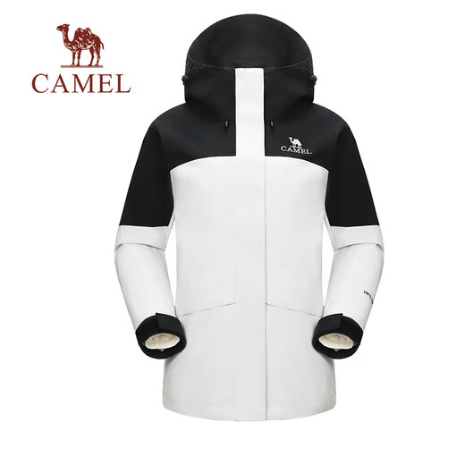 骆驼（CAMEL）三防羽绒冲锋衣男女三合一外套秋季工装幻影黑防水登山服 1098，幻影黑/暖白，女 S