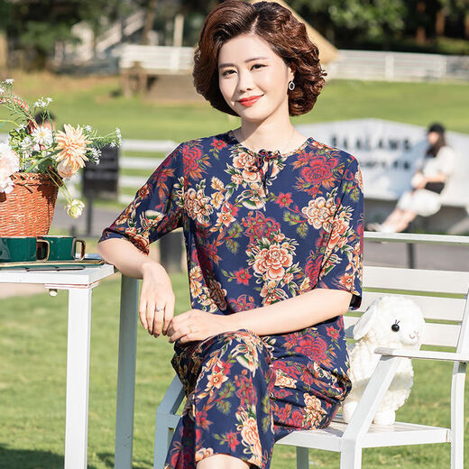 安梦影棉绸中老年女装中袖棉绸套装大码中老年夏季衣服女时尚妈妈装两件 橄榄绿 9226 均码 l 85-105斤