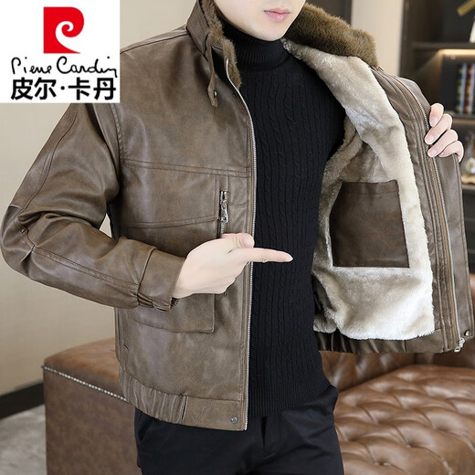 Pier Cardin Winter plus Velvet Lederjacke für Männer hübsche Persönlichkeitspelzkragen Jacke verdickte warme Imitation Fell integrierte Motorradjacke braune Farbe [verdickt] plus Samt 3xl 150-170jin [Jin entspricht 0,5 kg]