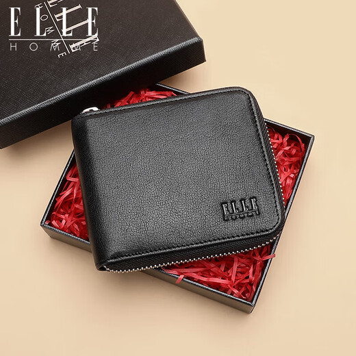 ELLE HOMME 男士时尚短款钱包 平纹头层牛皮拉链零钱包4226 生日礼物