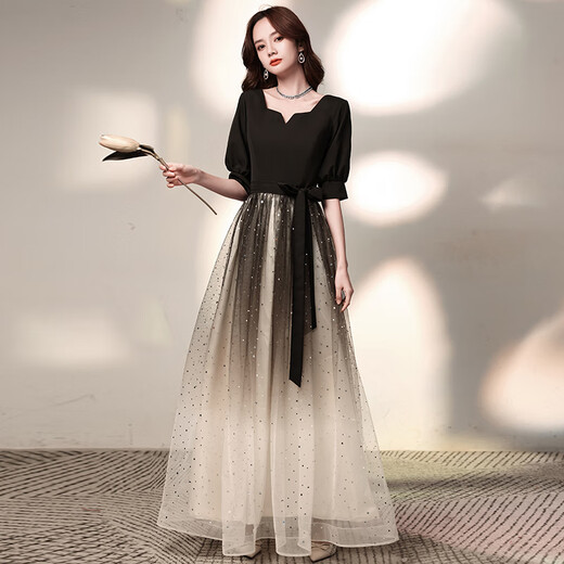 Li Baixin black evening dress French style for women to wear at ordinary times gradient starry sky long temperament choir banquet host black mid-length XXL