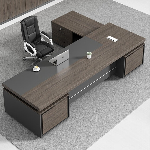 Dilin boss desk desk supervisor manager desk simple modern office furniture leadership table and chair combination single executive desk ebony wood with iron gray (long cabinet on the right) 2 meters including double side cabinets + chairs + 2.4 meters bookcase