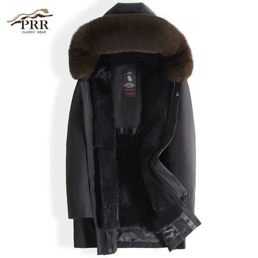 prr2021 winter new parka men's mid-length coat with removable rex rabbit fur liner plus velvet thickened fur one-piece fox fur collar nikon fur coat black 180/2XL