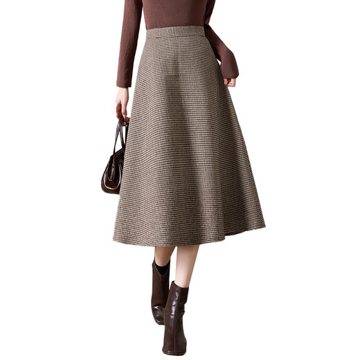 She enjoys woolen skirt female Maillard plaid woolen A-line skirt retro mid-length umbrella skirt T144B6003