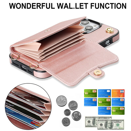 Jinhao Applicable to iPhone16pro max mobile phone case wallet leather case Apple 15 full cover 14 anti-fall 13 protective case card 12 bracelet high-end fashion bracelet + shoulder strap + organ card bag rose gold 6.7-inch apple 12pro max