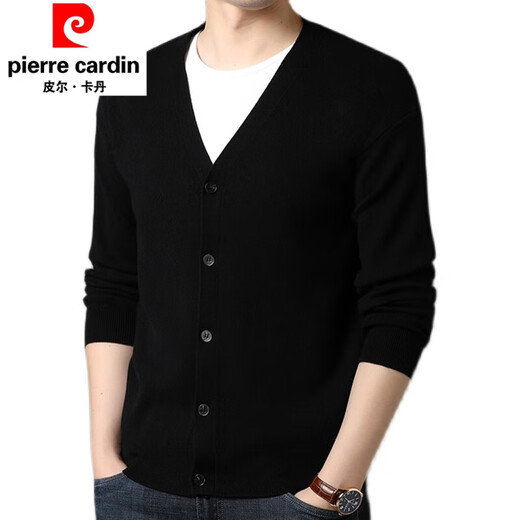 Pierre cardin knitted cardigan men's v-neck sweater spring and autumn solid color casual wool jacket thick outer thread trend GRYH012 black 175/XL
