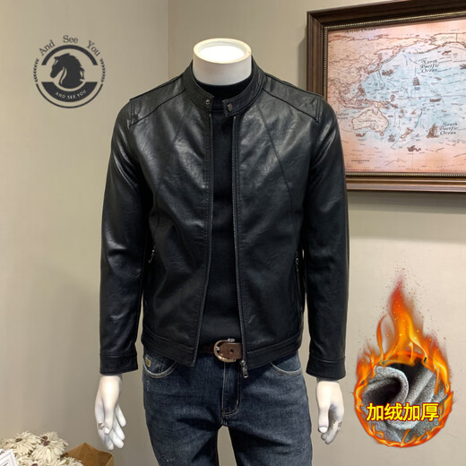 ANDSEEYOU brand leather jacket men's autumn new Korean style slim motorcycle leather jacket men's 2025 new stand collar Chinese Valentine's Day black plus velvet thickened M