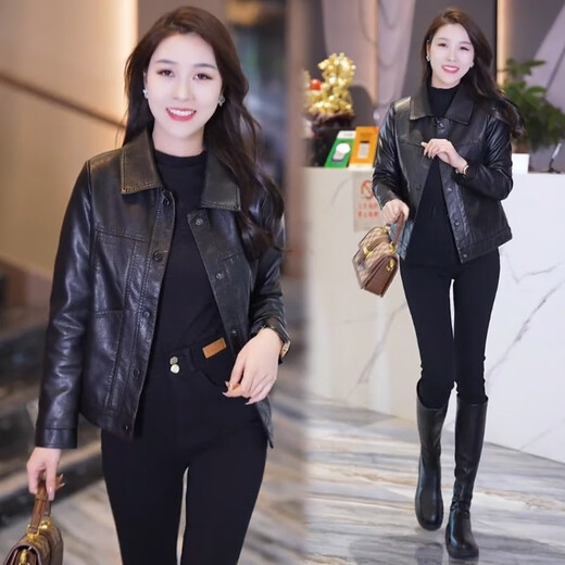 Yi Ling Short Leather Jacket Women's Autumn 2025 New Style Versatile Fashionable Washed Leather Jacket Top Coat Women Black L 100-110Jin Jin is equal to 0.5 kg