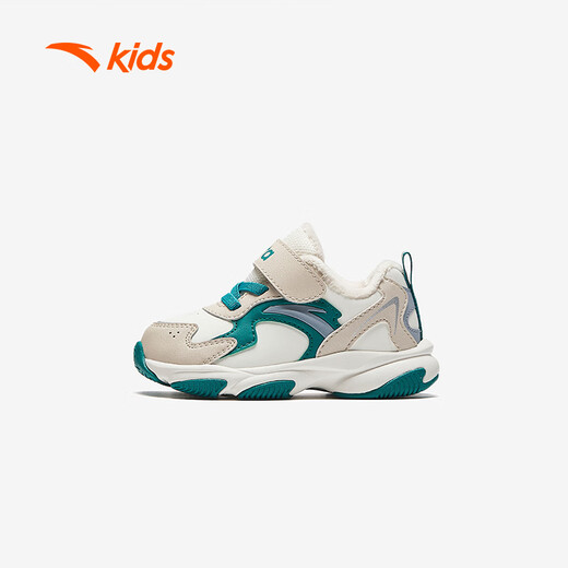 ANTA children's cotton shoes for boys and girls, 2025 winter velvet warm snow anti-slip Velcro two-cotton casual shoes for boys, white/chalk/green 0056-2 26, foot length about 16cm