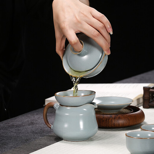 MULTIPOTENT Ru Kiln Kung Fu Tea Set Zhongde Pot with Covered Bowl Kung Fu Tea Set 11-piece Exquisite Gift Box Set