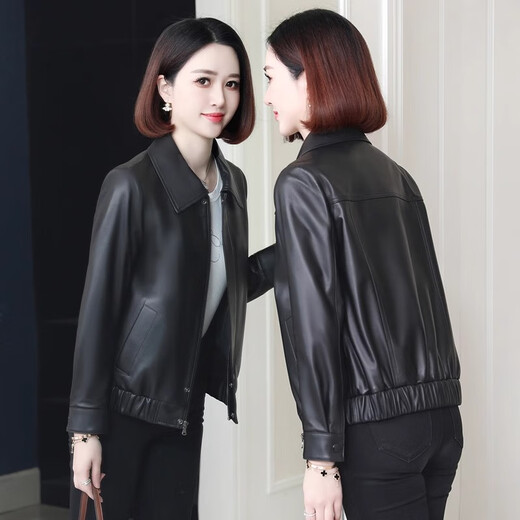 Yunqi Qianqiu Haining Genuine Leather Jacket Women's Short Spring and Autumn New Style Small Loose Slim Versatile Motorcycle Leather Jacket Black M 80-100Jin Jin is equal to 0.5 kg