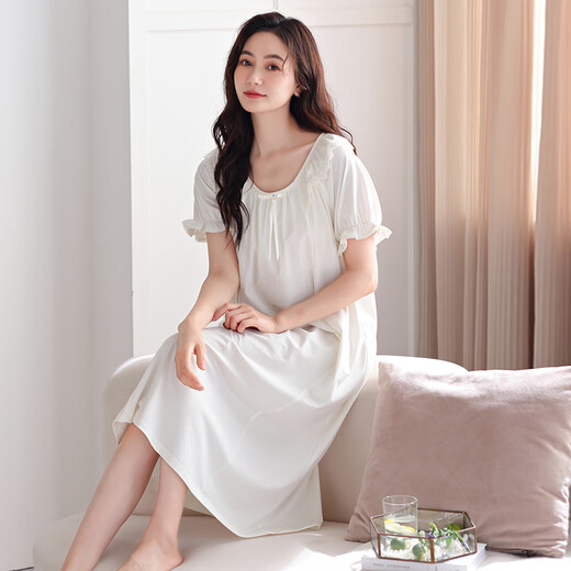 LangSha nightgown for women in summer pure cotton thin short sleeves with chest pads for home clothes for women sweet princess style can be worn outside dress 702 meters white (with chest pads) M[155-160cm/90-110Jin[Jin equals 0.5 kg]]