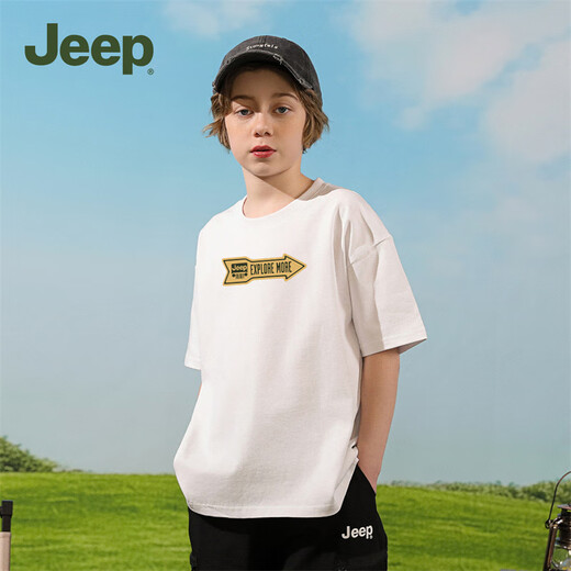 Jeep Kinder kurzärmeliges T-Shirt für 2025 Frühlings- und Sommer-neue pure Baumwolljungen und Mädchen loser Druck trendy kurzärmelig White-1349 140 [Empfohlene Höhe 135-145 cm]