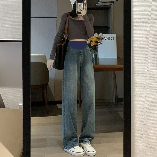 Yunshun Mutterschaftsjeans mit Bauchunterstützung im Frühling und Herbst, die Jeans gerade mit Breitenbeinhosen lose Mutterschaft Outfit lässig Slim und Drucken gerade Jeans Retro Blue Blue Bauch Stütze zufällige Hose L105-120)