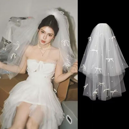 Bai Qixin Veil Proposal Super Fairy Beaded Bow Knot Bride Wedding Photo Collection Certificate Registration Bow Puffy Headdress Yunli Beaded Bow Tie Veil 75cm Hair Comb Style