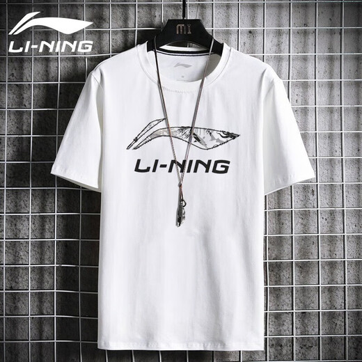 李宁（LI-NING）短袖t恤男士运动服饰篮球服男装冰丝速干足球服跑步服健身服 897标准白-1（品牌LOGO） L