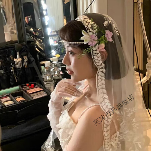 复古蕾丝花边头纱感新娘主婚纱森系造型头饰气质礼服晨袍配饰 模 175cm