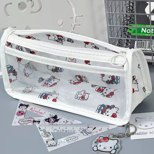Chuangjingyi chooses transparent pencil bag with high appearance value and niche new style KT Hello Kitty chessboard style pencil bag for junior high school girls, cute and simple ins Japanese pencil case, large capacity stationery bag, design pencil bag + KT cat (4-piece set of pendant + ruler) + c