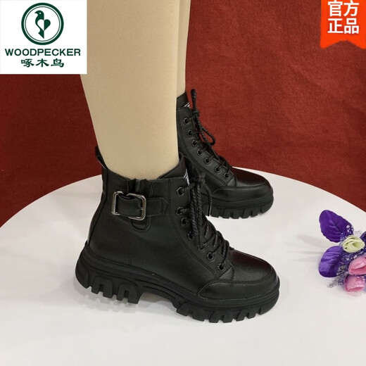 Woodpecker genuine leather thick sole Martin boots for women 2025 new autumn and winter warm boots versatile soft sole flat sole plus velvet thickened short boots black (single) 37