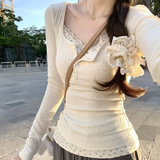 Miao Yijia fake two-piece floral lace winter bottoming shirt for women, which can be worn outside, pure and slim-fitting long-sleeved top, fashionable and stylish for spring. Floral fake two-piece bottoming shirt. L Recommendation: 105-120 Jin Jin is equal to 0.5 kg