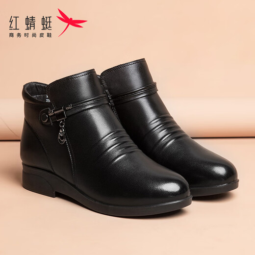 Red Dragonfly Women's Shoes 2024 Winter New Genuine Leather Warm Mom Cotton Shoes Middle Heel Plus Fleece Women's Short Boots Non-Slip Middle-aged Women's Boots Black WTC9277 37