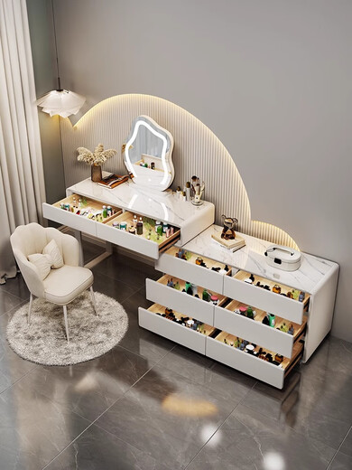 FEDDIES slate dressing table bedroom cream style Internet celebrity solid wood dressing table table six drawer cabinet integrated modern simple storage cabinet white 120CM table + cabinet + cloud mirror + petal chair solid wood six drawer cabinet slate countertop