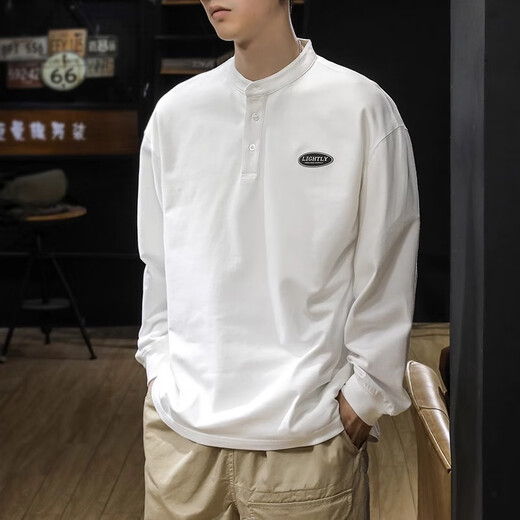 Jeanswest autumn and winter pure cotton long-sleeved T-shirt men's tops autumn clothes sweatshirts loose inner layering shirts men's Henry collar white L suitable for 130-145 Jin Jin equals 0.5 kg