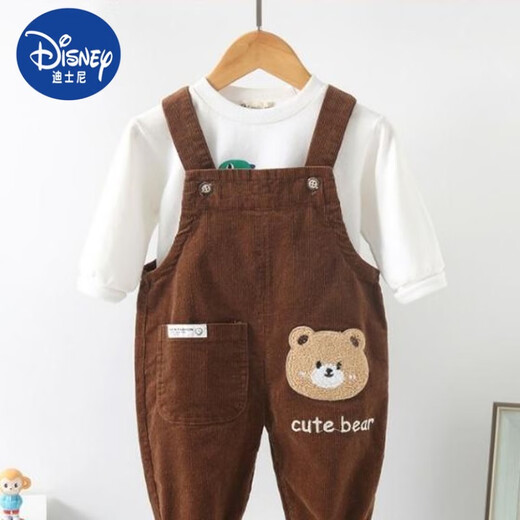 Disney baby overalls spring and autumn pure cotton boy one-year-old corduroy female little boy baby jumpsuit autumn coffee color overalls 80