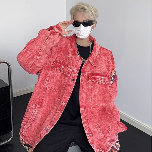 Weissen Pink Denim Jacke Herren Herbst High Street Trendy Brandwäsche Spleiß Lose Jacke Paar vielseitiges Revers-Top CXPF-679 Pink [um eine größere Größe zu nehmen] m
