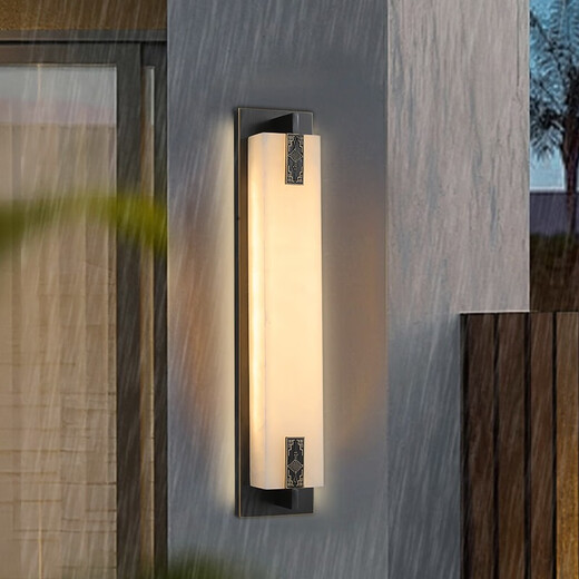 Tong Lantern Festival neue wasserdichte Außenwandleuchte aus reinem Kupfer im chinesischen Stil, natürliche Marmortür auf beiden Seiten des Innenhofs, Villa-Gartenlampe, lange Wandleuchte, Außenwandleuchte, schwarz geriebenes Gold-Fu 100 cm