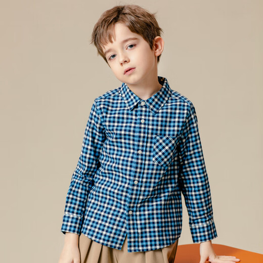 Hengyuanxiang boys' long-sleeved shirt pure cotton spring and autumn new children's casual shirt children's clothing plaid western style top trendy blue grid 130