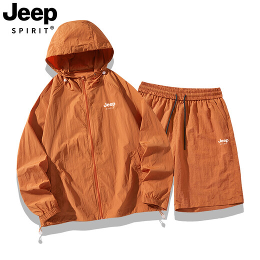 吉普（JEEP）防晒衣套装男夏季2025新款防紫外线冰丝防晒服短裤两件套男女 672-桔红套装 M