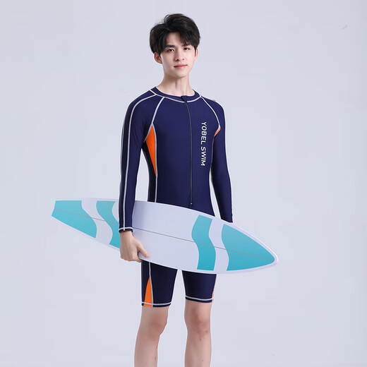 Yobel youth swimsuit one-piece men's one-piece swimsuit quick-drying sun protection surfing suit long-sleeved plus size swimsuit professional training navy orange short-sleeved one-piece adult L160-165 recommended 110-125 Jin Jin equals 0.5 kg