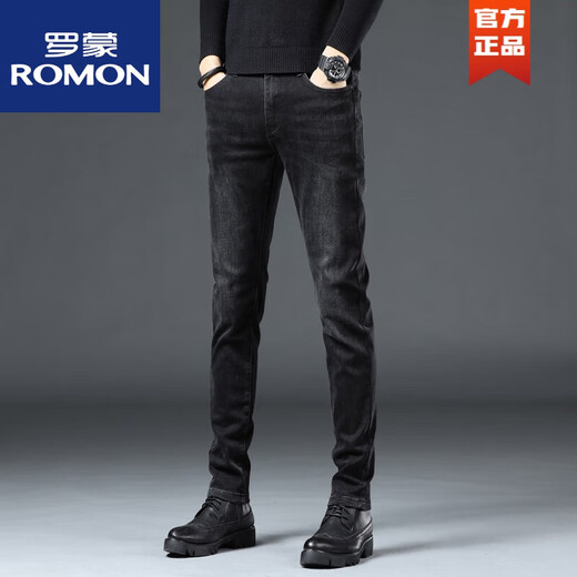 罗蒙（ROMON）秋冬季男士牛仔裤高弹力黑色潮流休闲修身长裤子 深灰色LZQN  1049 28