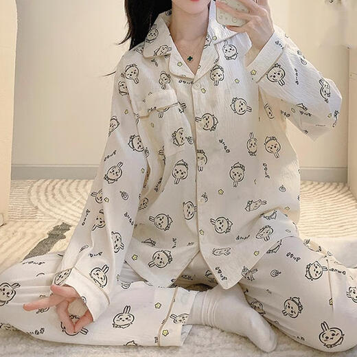 Chicao Japanese-style giikawa chiikawa pajamas for women in spring and autumn long sleeves cute little Ba students can wear home clothes outside 3519# double long wrinkled cloth rabbit M 75-100Jin[Jin equals 0.5 kg]