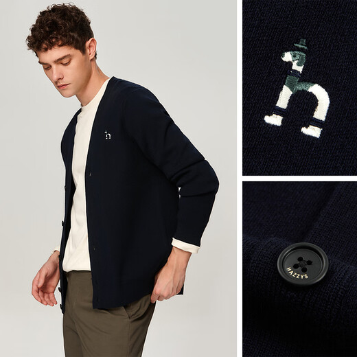 HAZZYS Men's Autumn V-neck Jacket Contrast Color Striped Sleeves Wool Cardigan Men's ABYZD0BCF10 Dark Navy DN L (175/96A 48)