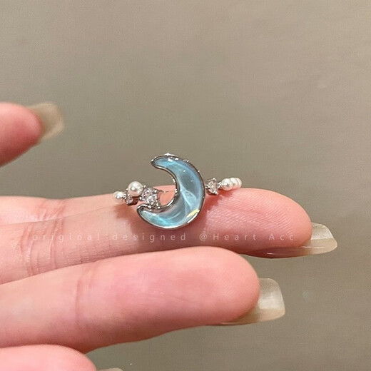 Toto sticker, best friend's ring, glacier blue star moon open ring, women's high-end index finger ring, couple's girlfriend SN9894 glacier blue ring 2-piece set