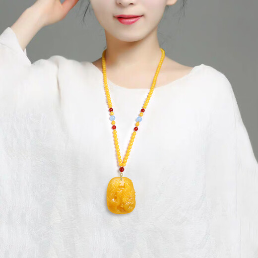 DRJEFUN with certificate natural old beeswax Dragon and Phoenix brand pendant women's necklace Wushi brand amber peony Pixiu sweater chain couple Ruyi gourd pendant + gold 0 carat silk thread bead chain