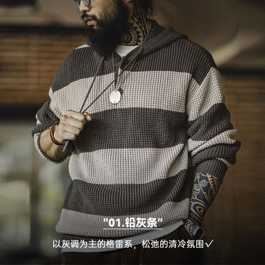马登工装 复古撞色条纹连帽针织衫男春季休闲百搭套头卫衣学院风毛衣 蓝绿条 L