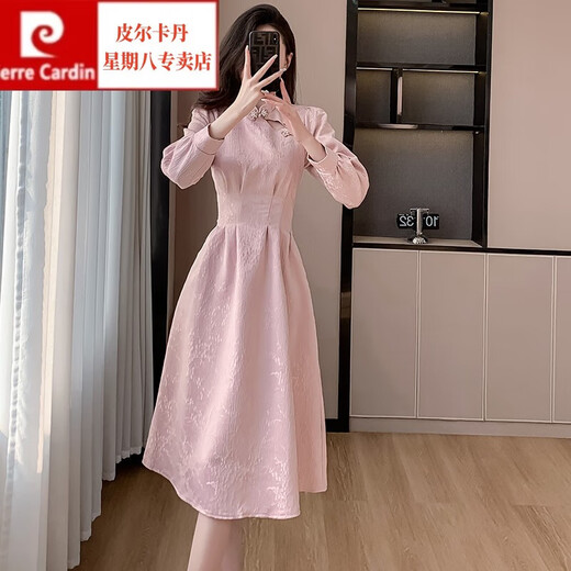 Pierre Cardin (pierre cardin) cheongsam sweet cool style new Chinese style improved dress women's spring wear 2024 new waist style a-line mid-length skirt pink XL